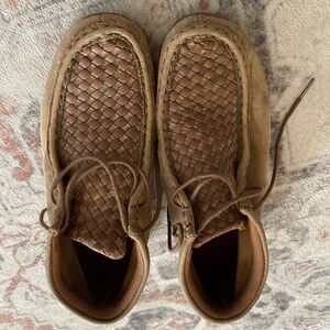 TWISTED X YOUTH BROWN BOMBER AND TAN BASKETWEAVE DRIVING MOCCASIN